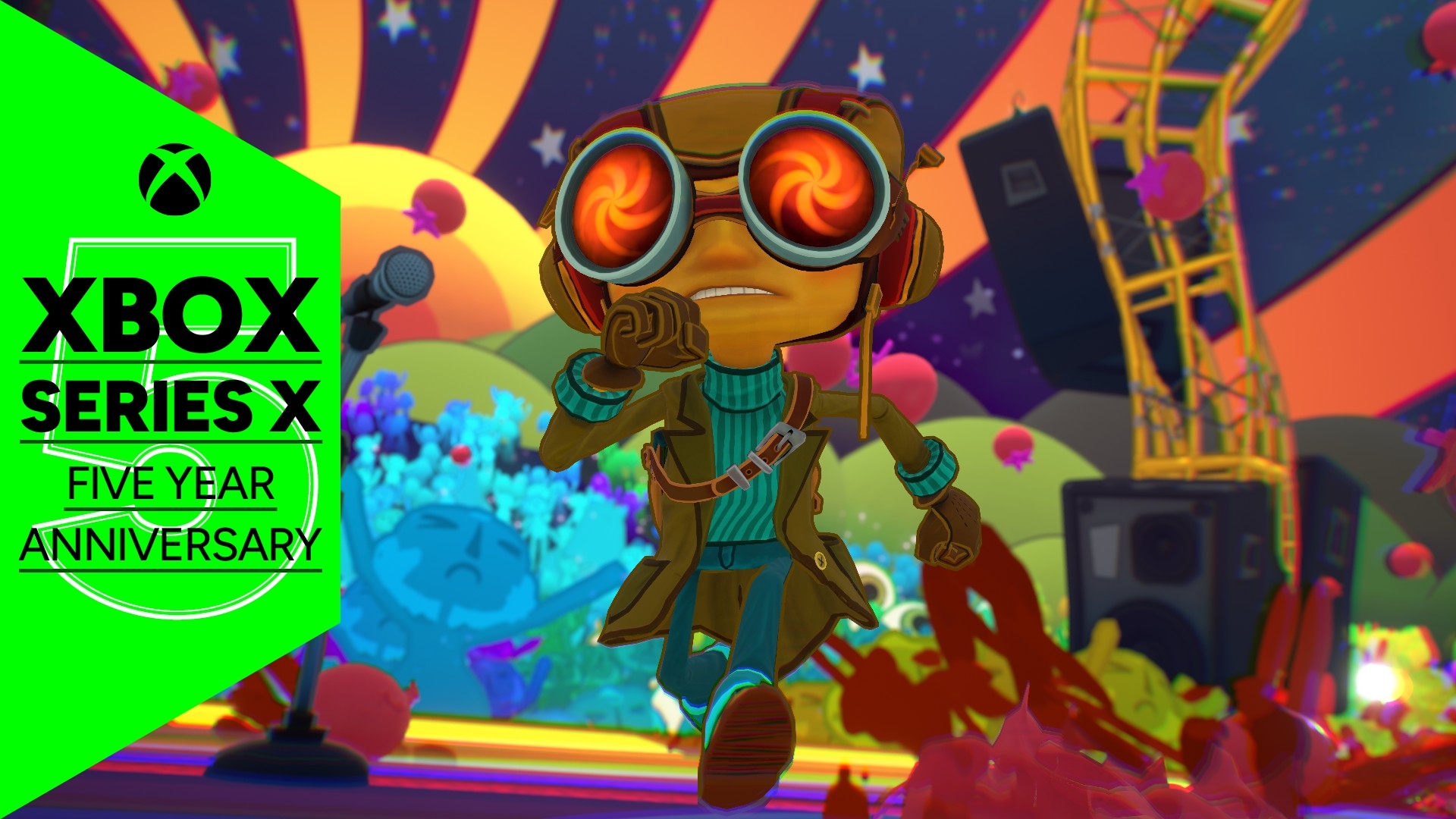 Psychonauts 2 image with an Xbox Series X five year anniversary logo over the top