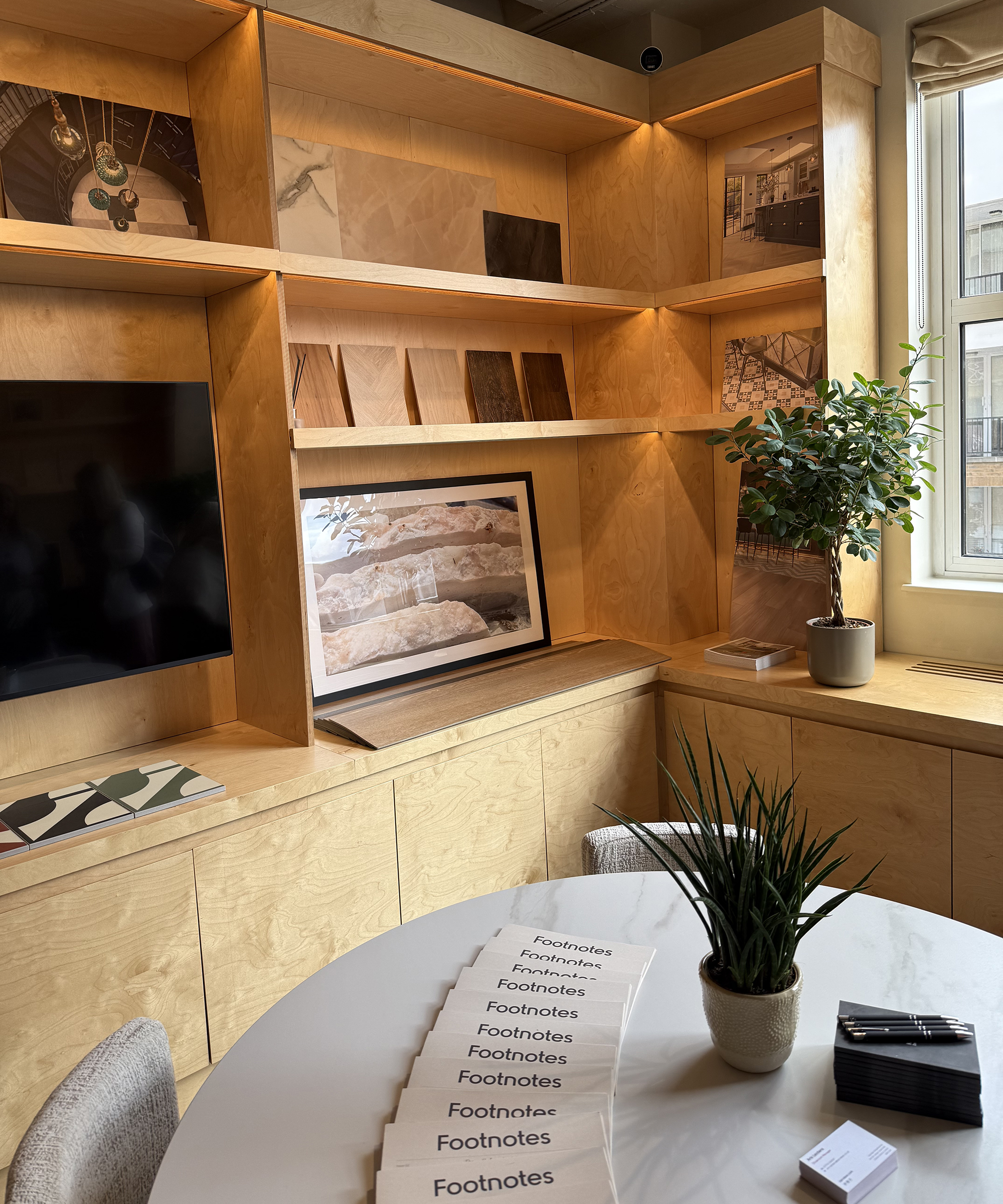 corner of the Karndean showroom with swatches and samples against the wall
