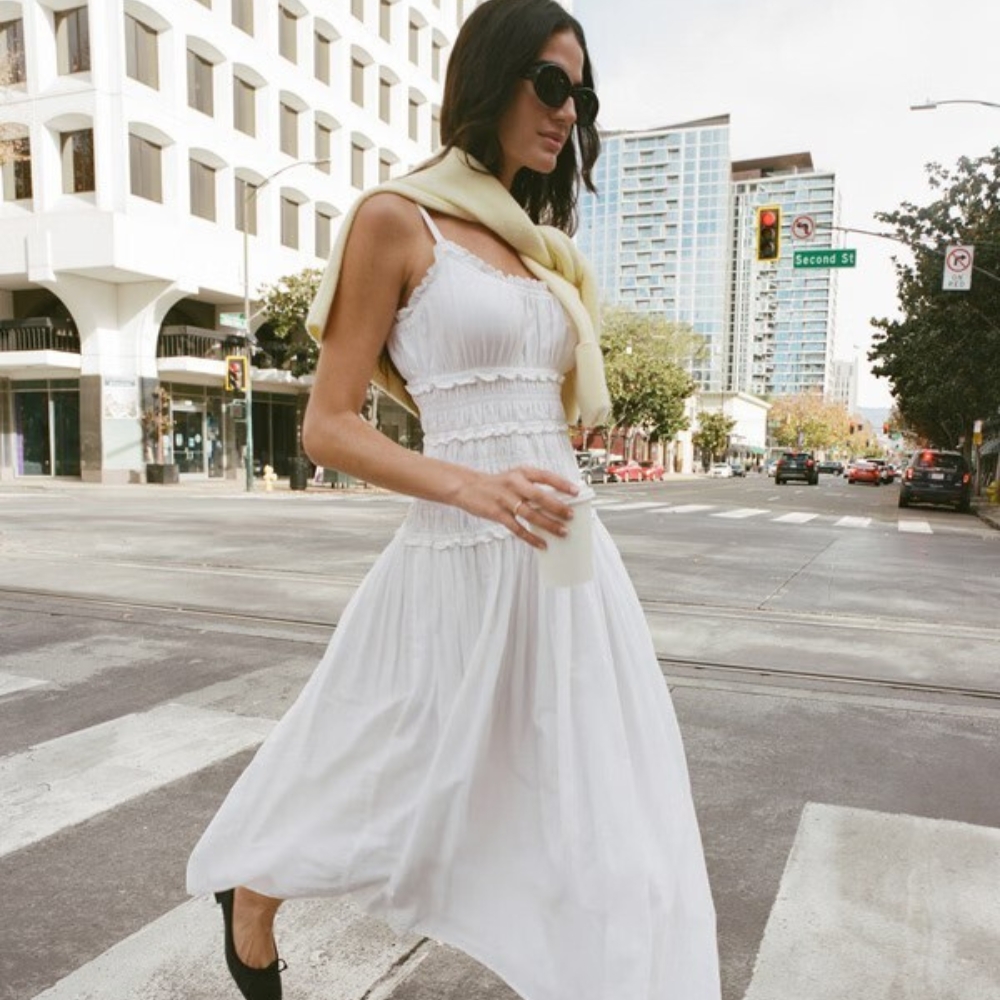 A model wearing a white maxi dress from Abercrombie 