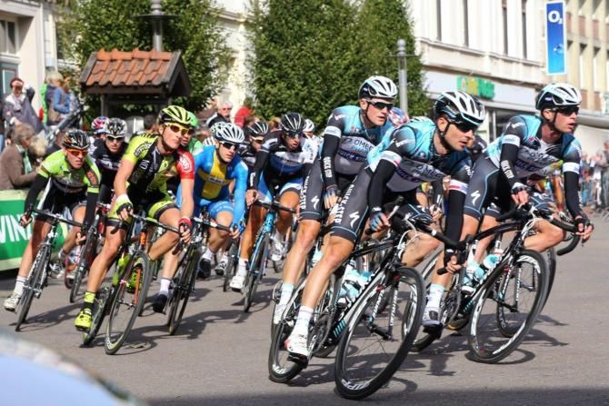 Riders corner near Beckum in the Munsterland Giro