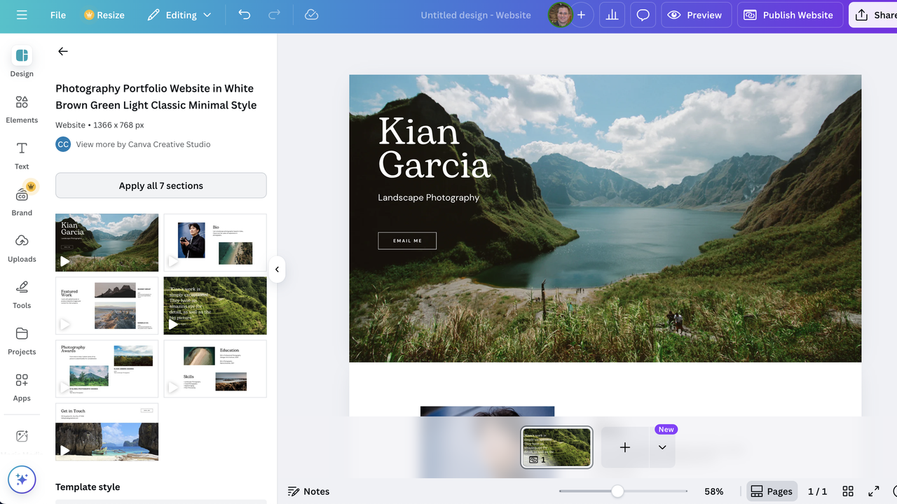 Website template being edited in Canva Websites