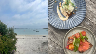 An image of the Ruin Beach and a picture of two dishes of food served at the Ruin Beach Cafe