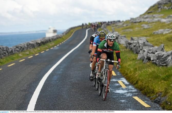 A group of riders make a break from the peloton on their way to Doonagore, Co Clare