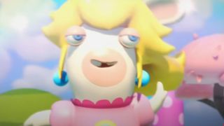 A princess Rabbid fluffing her hair in Mario + Rabbids Kingdom Battle