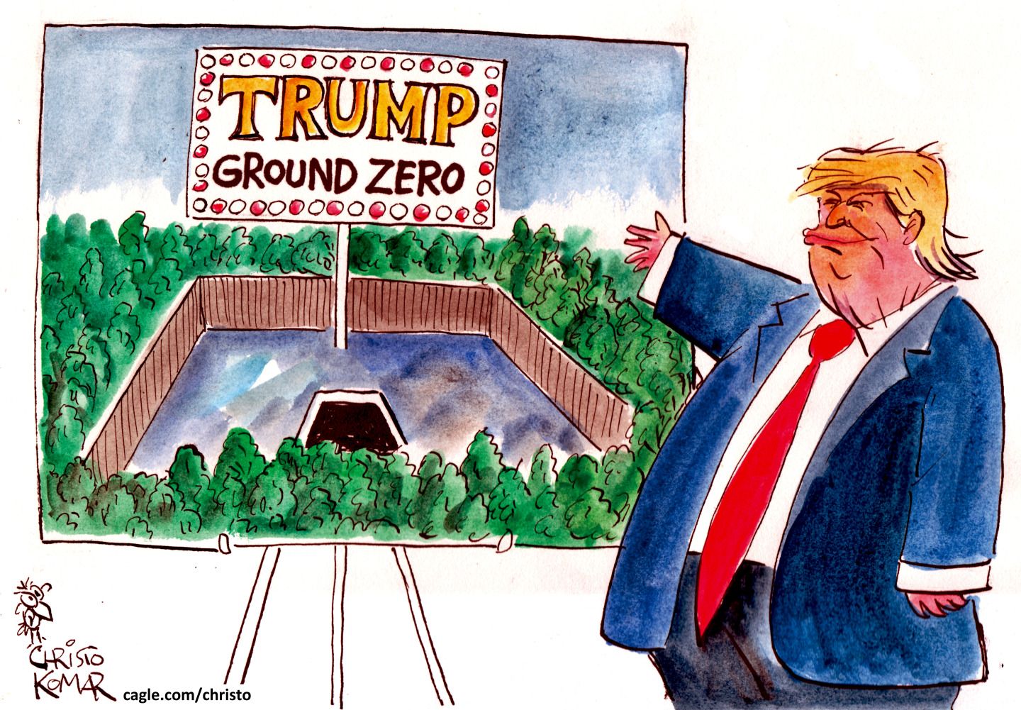 
                                An overweight Donald Trump stands next to an easel and presents a rendering of a branded “TRUMP GROUND ZERO” around the site where the World Trade Center used to stand. The sign has garish lights around the words. 
                            