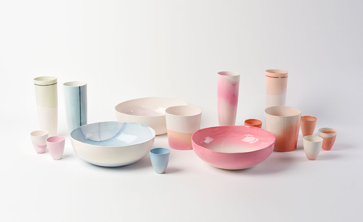 Bowls and glasses coloured using fabric dyes