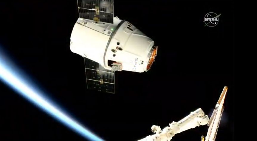 An uncrewed SpaceX Dragon cargo ship makes its second trip to the International Space Station for NASA on the CRS-17 mission in this view captured during rendezvous operations on May 6, 2019.