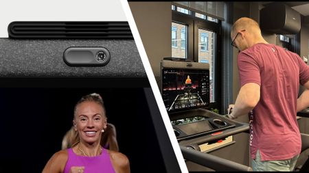 Split image of Tread Vision camera, and journalist running on Peloton Tread Vision