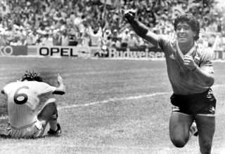 Diego Maradona celebrates after scoring his famous 'Goal of the Century' for Argentina against England in the quarter-finals of the 1986 World Cup