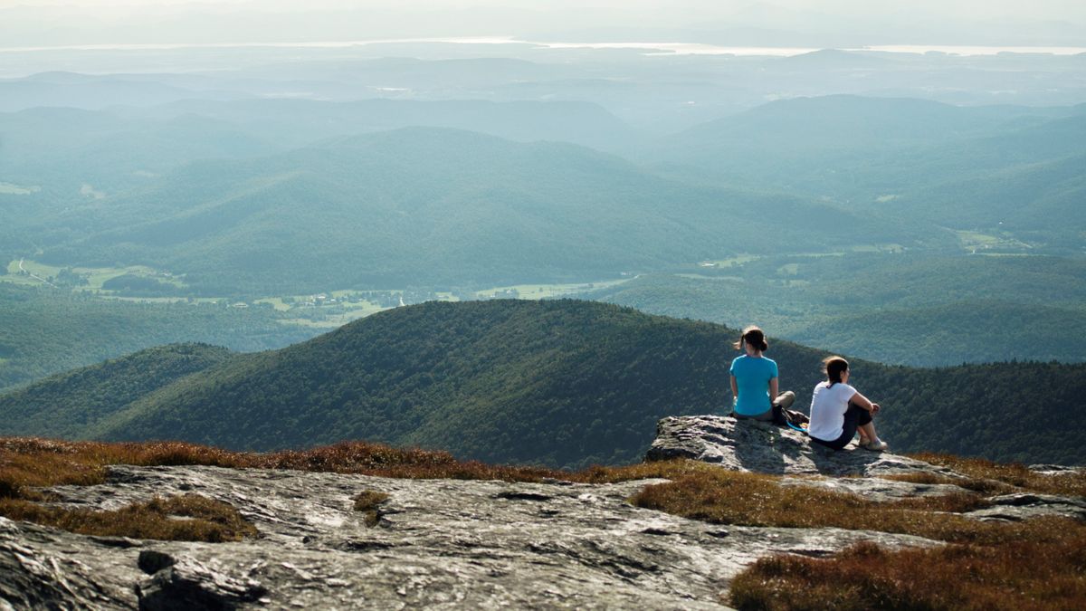 Rear view of friends sitting on cliff against mountains