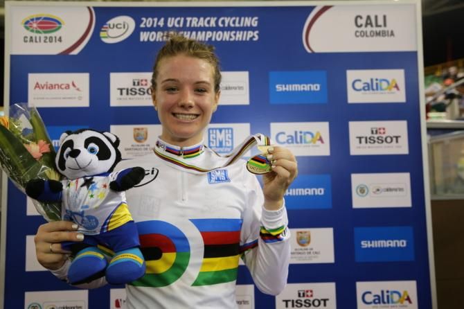 Amy Cure with the gold medal from winning the women's points race