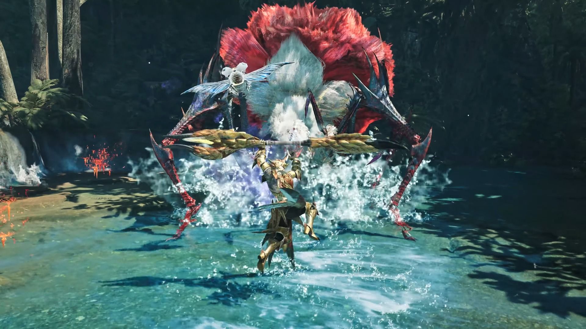 A golden-armored warrior battles a large, spider-like monster with a vibrant red mane and sharp limbs in a shallow, splashing forest stream.