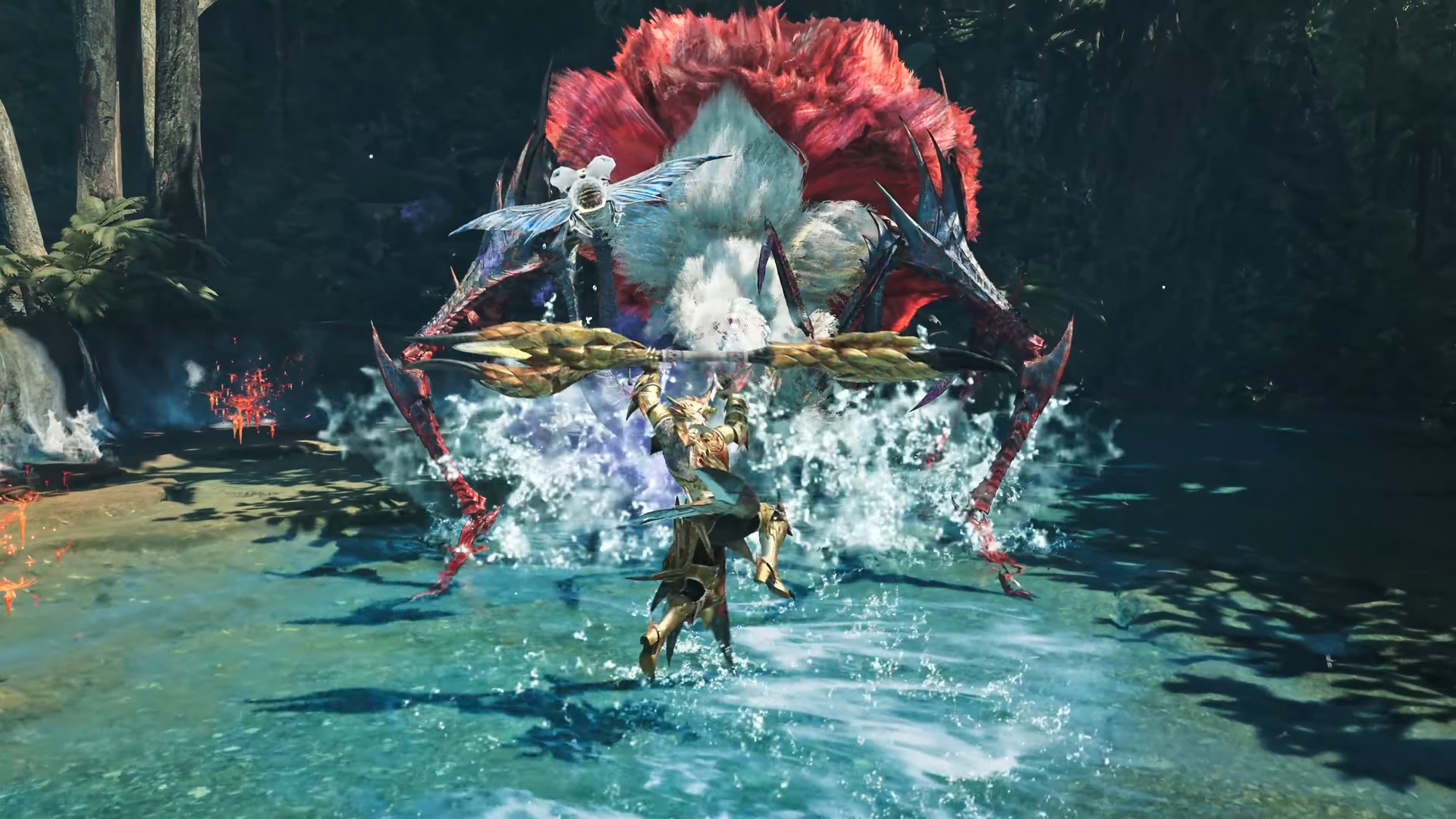A golden-armored warrior battles a large, spider-like monster with a vibrant red mane and sharp limbs in a shallow, splashing forest stream.