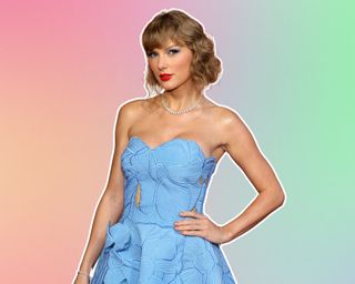 taylor swift in a blue dress on a pastel pink background
