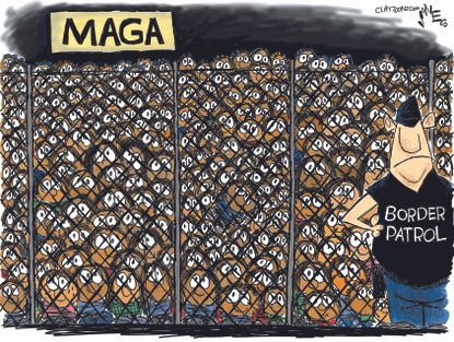 Political cartoon U.S. Trump MAGA immigration policy children family separation border control ICE