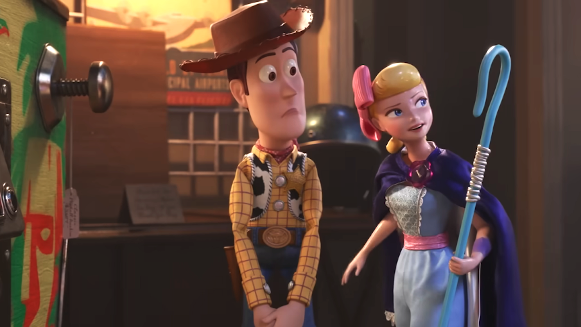Woody and Bo Peep next to each other in Toy Story 4