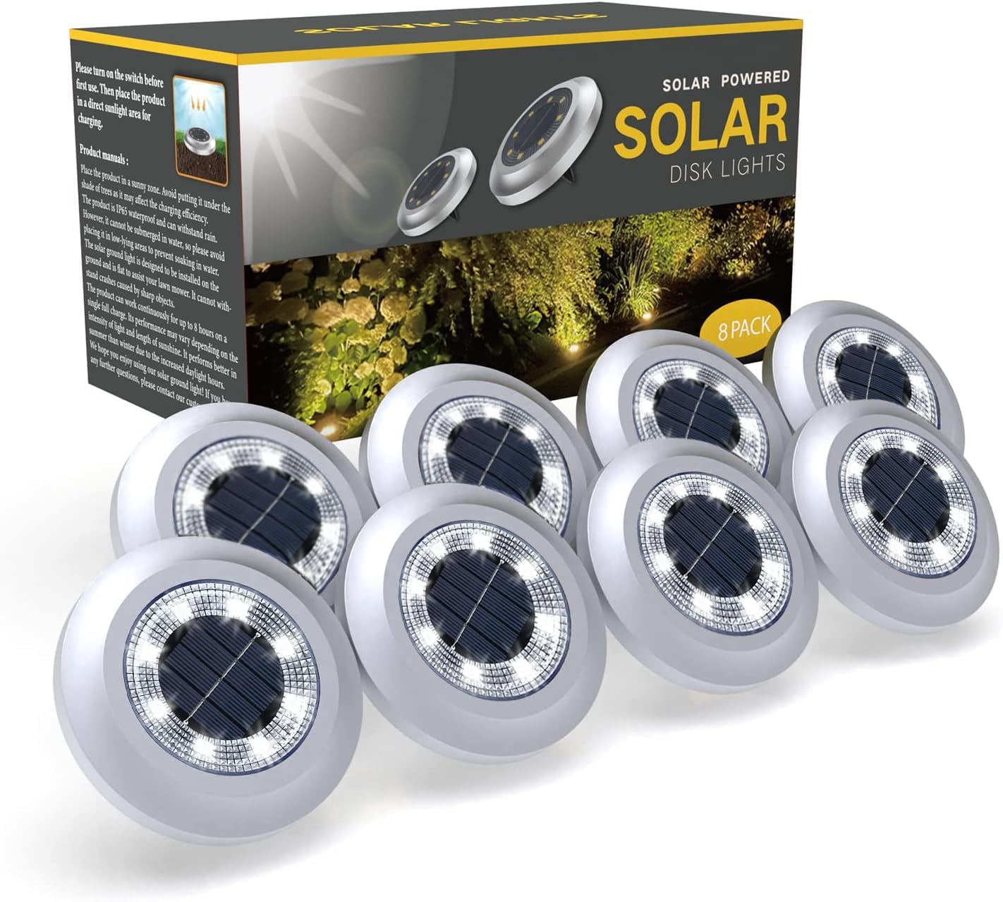 Torchtree Solar Lights Outdoor Garden,600mah Solar Ground Lights, 8 Led Solar Disk Lights for Garden Lawn Pathway Yard Landscape Walkway&amp;#65288;8 Pack Bright White&amp;#65289; &amp;#65279;