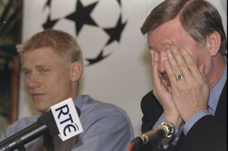 Manchester United manager Sir Alex Ferguson and goalkeeper Peter Schmeichel in a press conference ahead of a Champions League game against Juventus in December 1997.