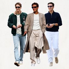 A collage of paddock outfit photos of George Russell in the 2024 and 2025 Formula One seasons.