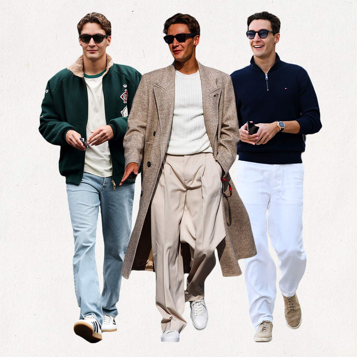 A collage of paddock outfit photos of George Russell in the 2024 and 2025 Formula One seasons.