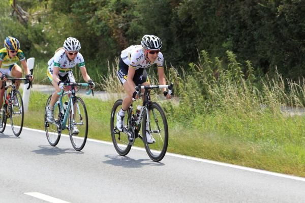 Judith Arndt (HTC-HighRoad) closes down an attack, with Ruth Corset (Australia National Team)