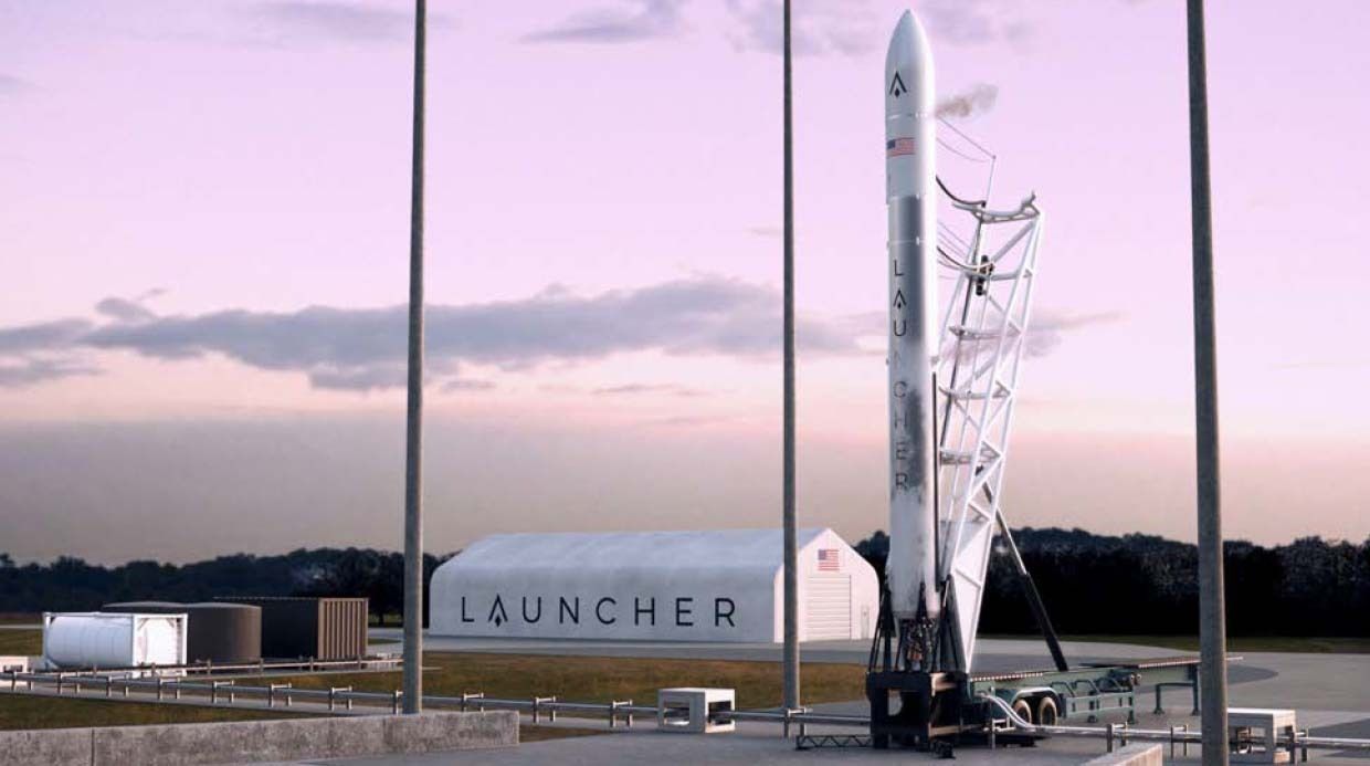 An artist's concept of the planned Launcher Light rocket with a Launcher Orbiter spacecraft encapsulated inside its payload fairing.