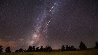 The Milky Way hangs in the night sky as the Perseid meteor shower performs above Woodland Park and Pike National Forest in Colorado