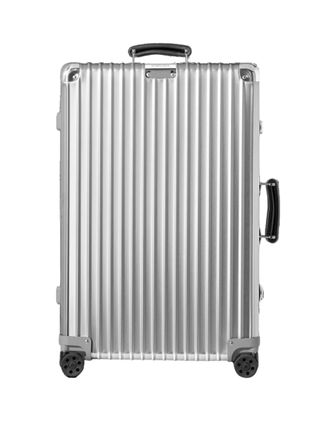 An aluminium suitacase with black details.