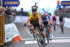 Primož Roglič crossed the line after winning wins stage four of Tirreno-Adriatico 2023