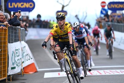 Primož Roglič crossed the line after winning wins stage four of Tirreno-Adriatico 2023