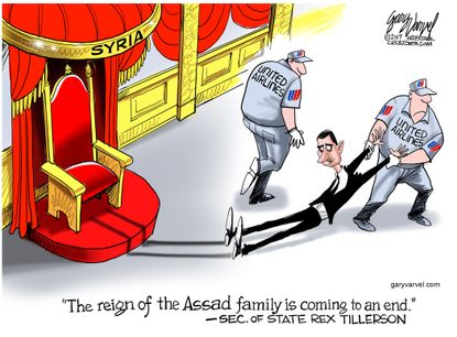 Political Cartoon U.S. Bashar Al-Assad Syria Rex Tillerson United Airlines passenger dragged