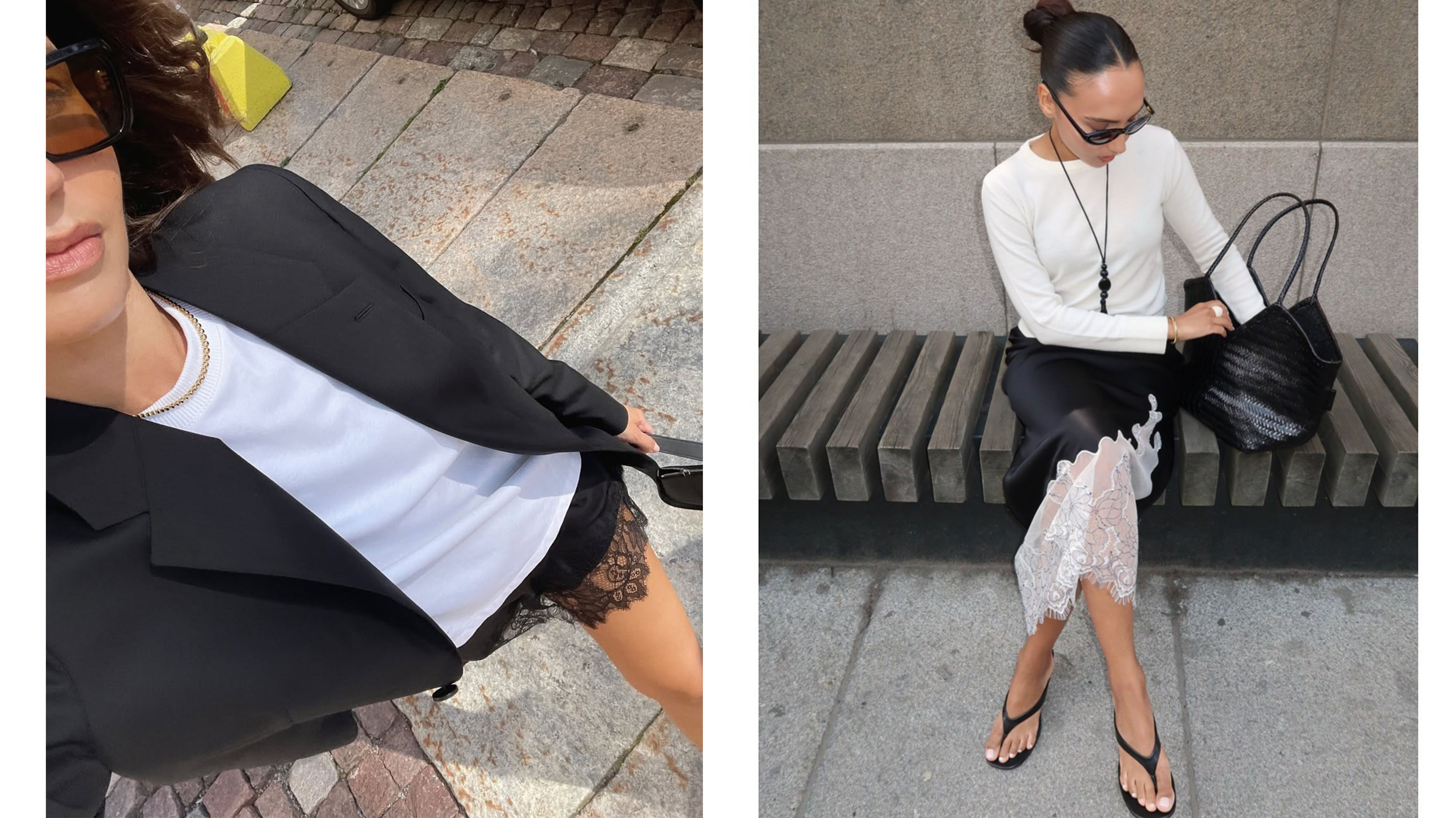 Woman in blazer and white t-shirt with lace skirt; woman in white sweater and black lace skirt.