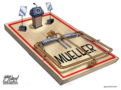 Political cartoon U.S. Mueller FBI Russia investigation Trump mousetrap