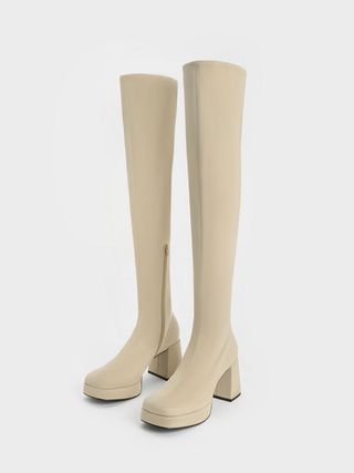 Charles & Keith, Evie Textured Platform Thigh-High Boots