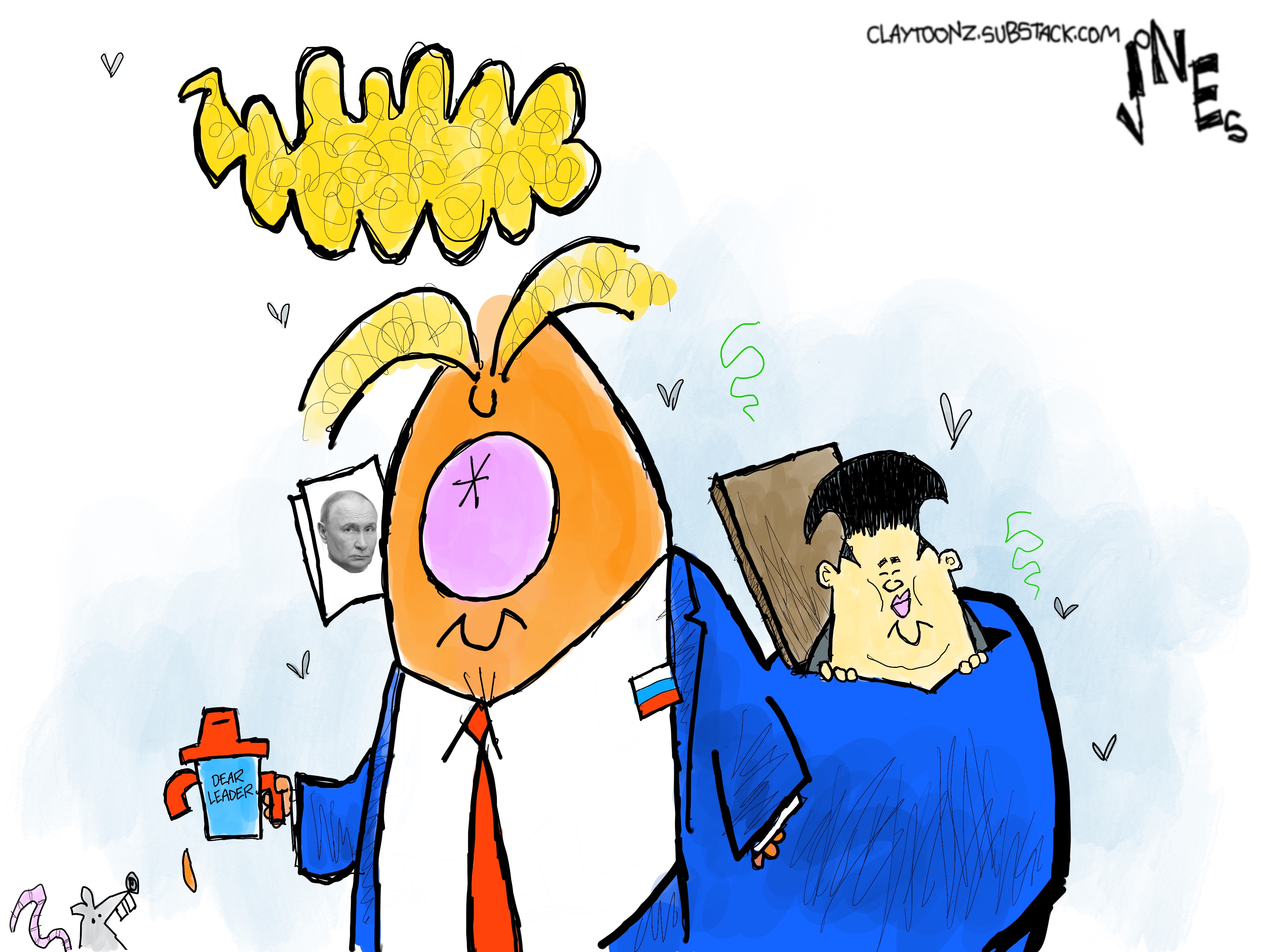This cartoon depicts Donald Trump with a sippy cup and extended suit coat that includes North Korean dictator Kim Jong Un in the back.
