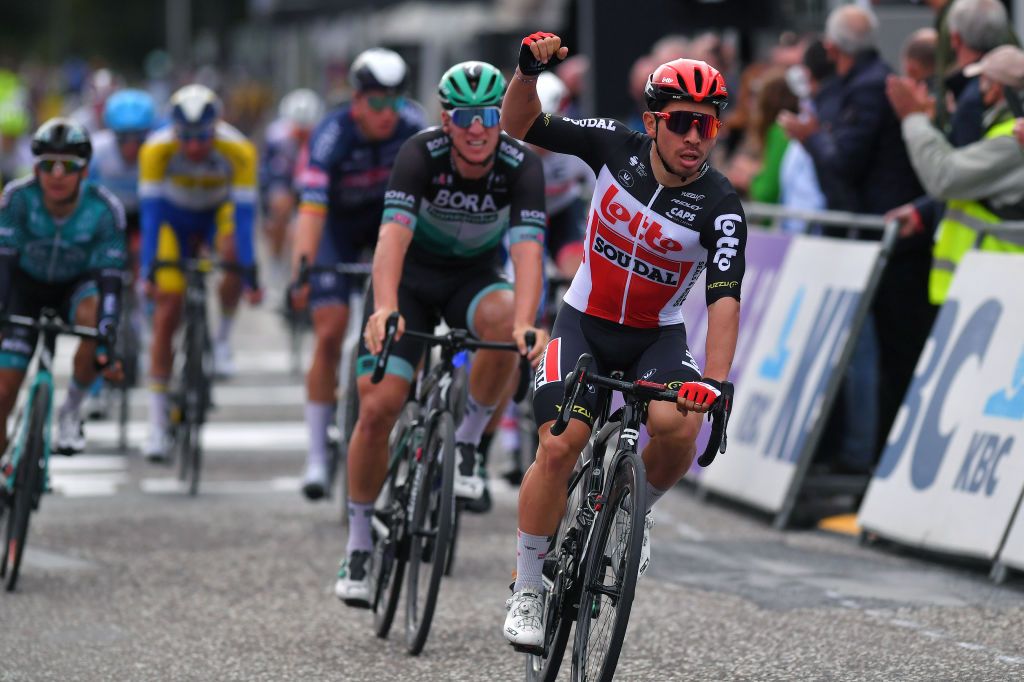 SCHOTEN BELGIUM OCTOBER 14 Arrival Caleb Ewan of Australia and Team Lotto Soudal Celebration Pascal Ackermann of Germany and Team Bora Hansgrohe during the 108th Scheldeprijs 2020 a 1733km stage from Schoten to Schoten Scheldeprijs FlandersClassic SP20 on October 14 2020 in Schoten Belgium Photo by Luc ClaessenGetty Images