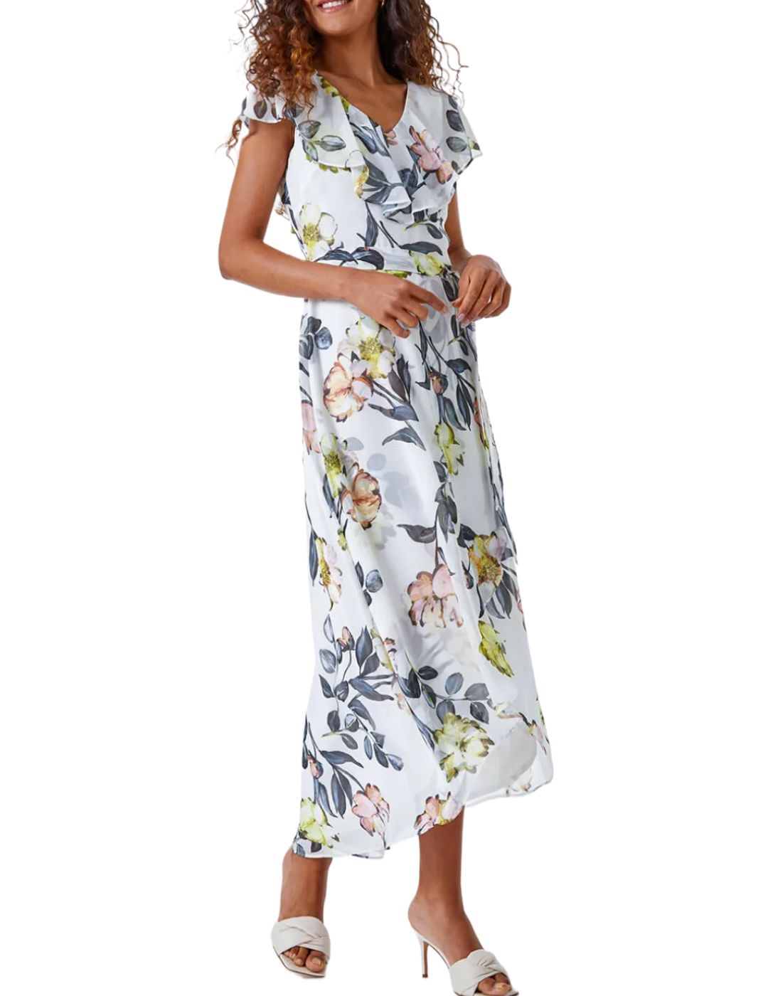 Roman , Floral Print Frill Cape Wrap Dress