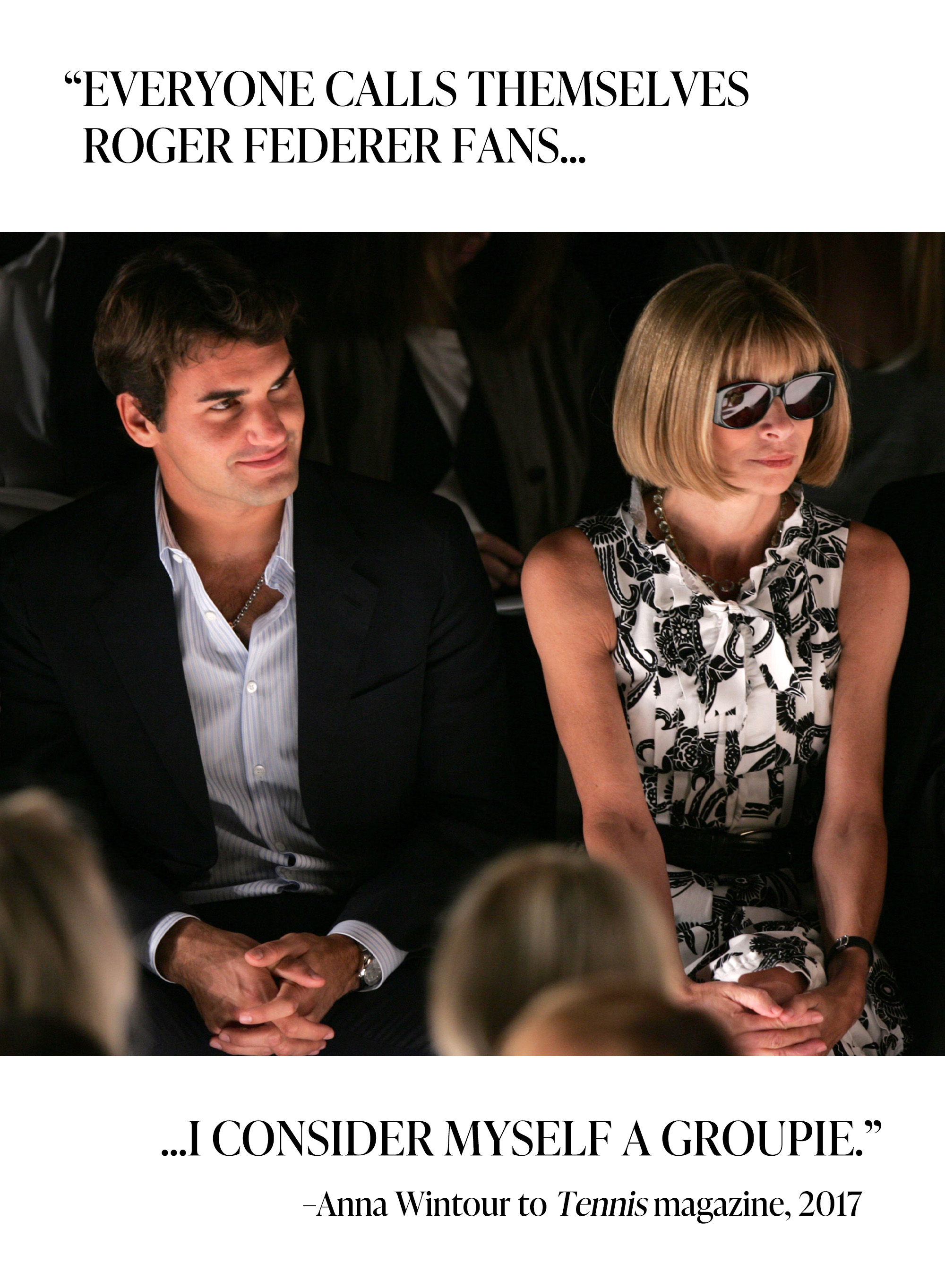 Roger Federer and Anna Wintour sitting together at a fashion show.