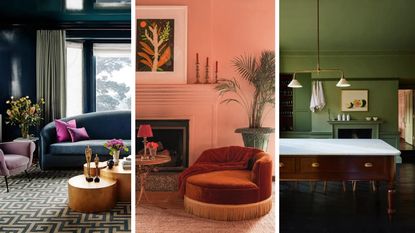 Three pics of color drenching. Left is living room with dark blue color drenched walls window treatments and cornicing, middle is peach color drenched room with burnt orange velvet fringed loveseat and green palm plant with copper side table, right is moss green with marble and wooden vintage table in foreground