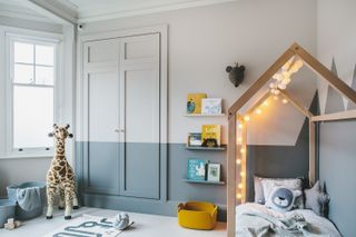 kids' closet ideas with wardrobe painted in dark blue and light blue