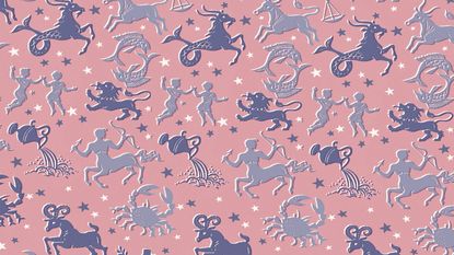 A blue and purple pattern of stars and zodiac signs on a pastel pink background