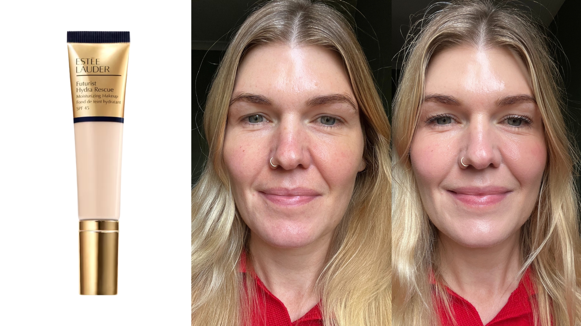 On the left is a product shot of the Est&amp;eacute;e Lauder Futurist Hydra Rescue on a white background, followed by two pictures of Digital Beauty Editor, Fiona McKim first without makeup, and then wearing the Est&amp;eacute;e Lauder Futurist Hydra Rescue with a full face of makeup