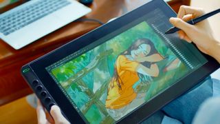 A product shot of a Huion pen tablet with a piece of art being drawn