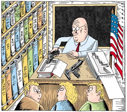 Political cartoon U.S. arming teachers assault rifle ban gun control mass shooting