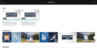 A screenshot of the baseball page with live and upcoming games