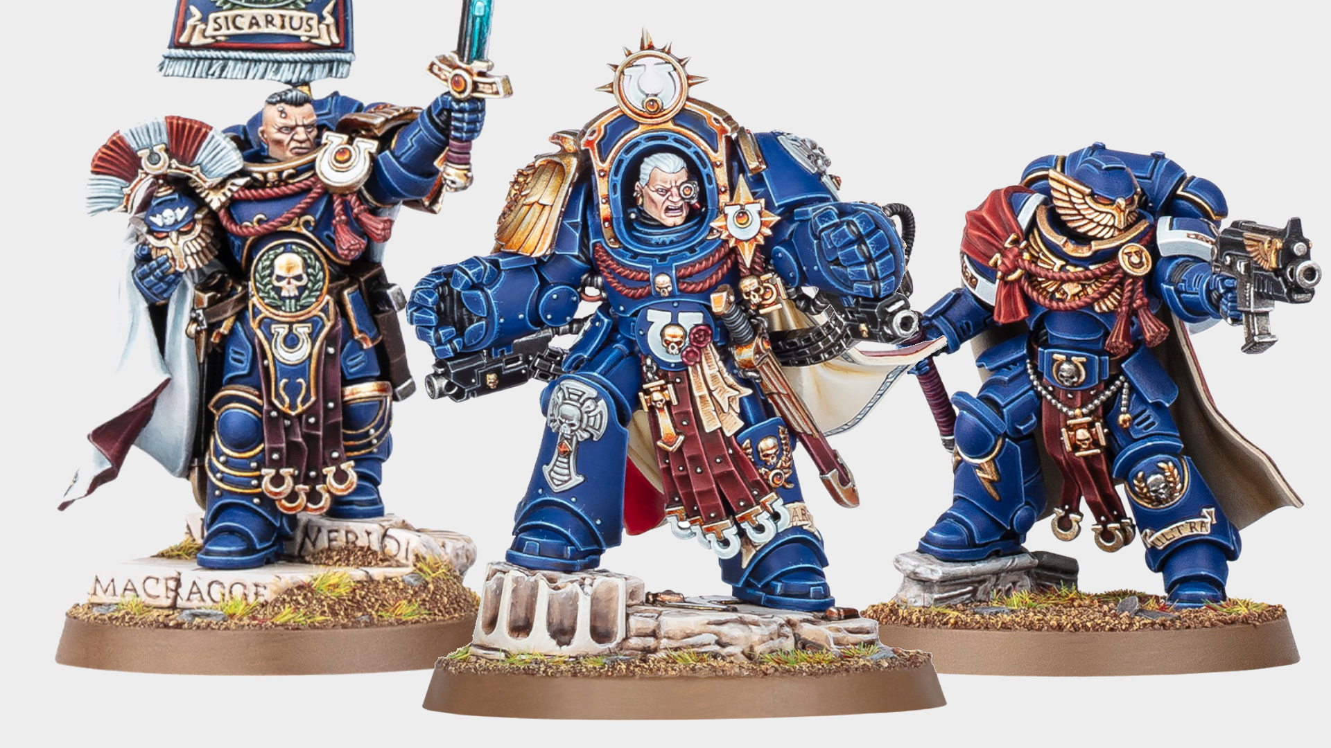 Cato Sicarius, Marneus Calgar, and Honour Guard miniatures on a plain background