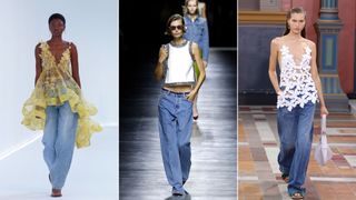 Three models wearing looser fit denim trends 2024 down the catwalk