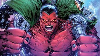 Red Hulk smashing a Doombot over his shoulders