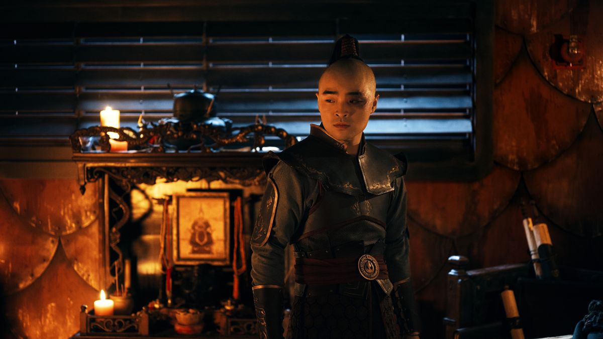 Dallas Liu in costume as Prince Zuko in Netflix's Avatar: The Last Airbender