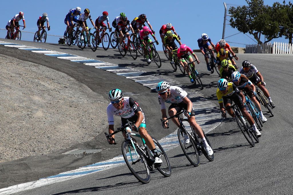 The bunch speeds down the final descent at Laguna Seca on stage 3 of the 2018 Tour of California